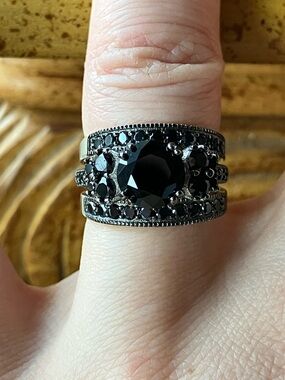 Natural Black Spinel Sterling Silver Ring Set Size 6